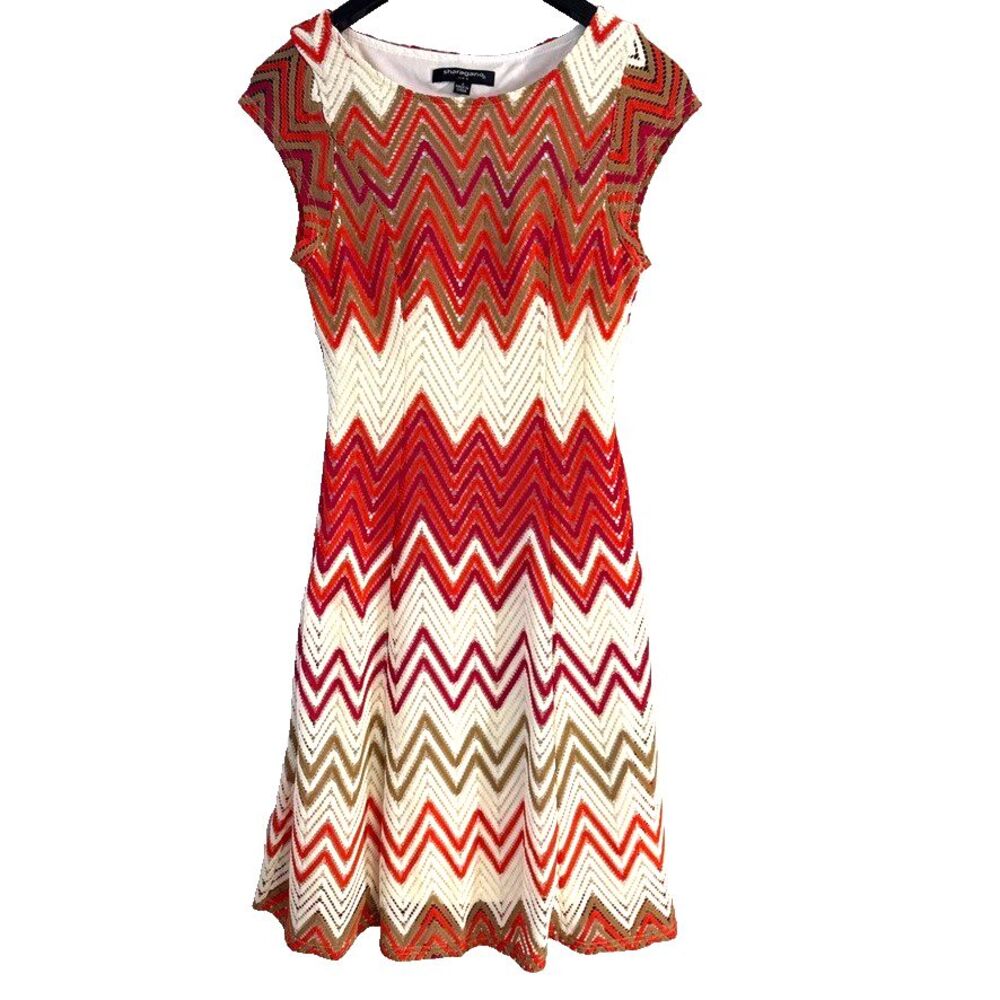 Vintage Sharagano crochet chevron dress - 4 - red orange tan Boho Fit & Flare